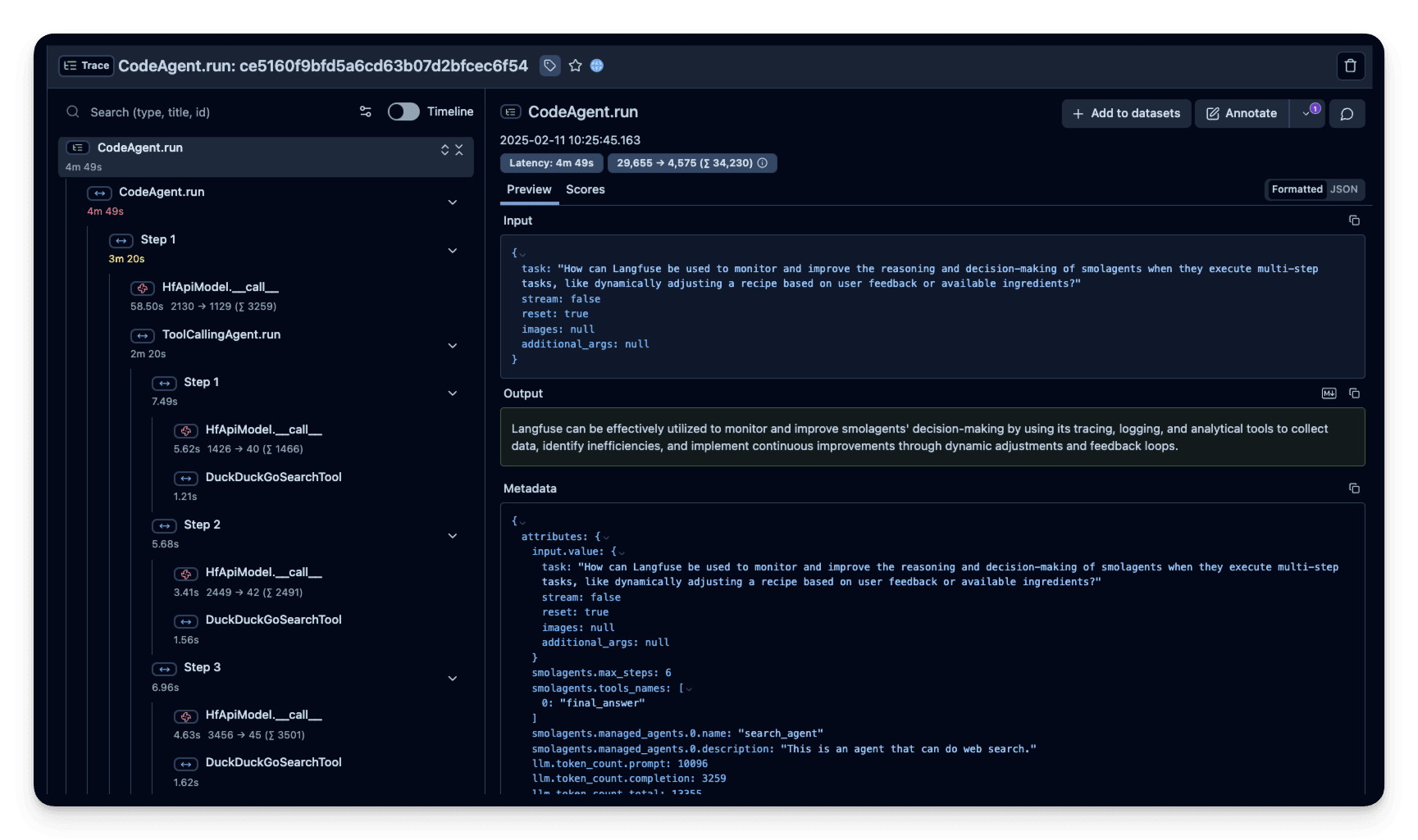 Hugging Face Smolagent Trace in Langfuse